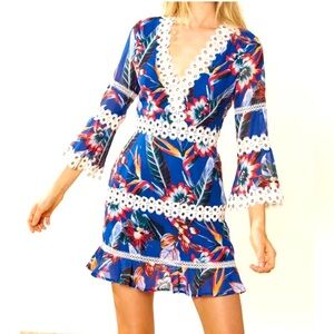 Floral Blue Dress with Lace Accents